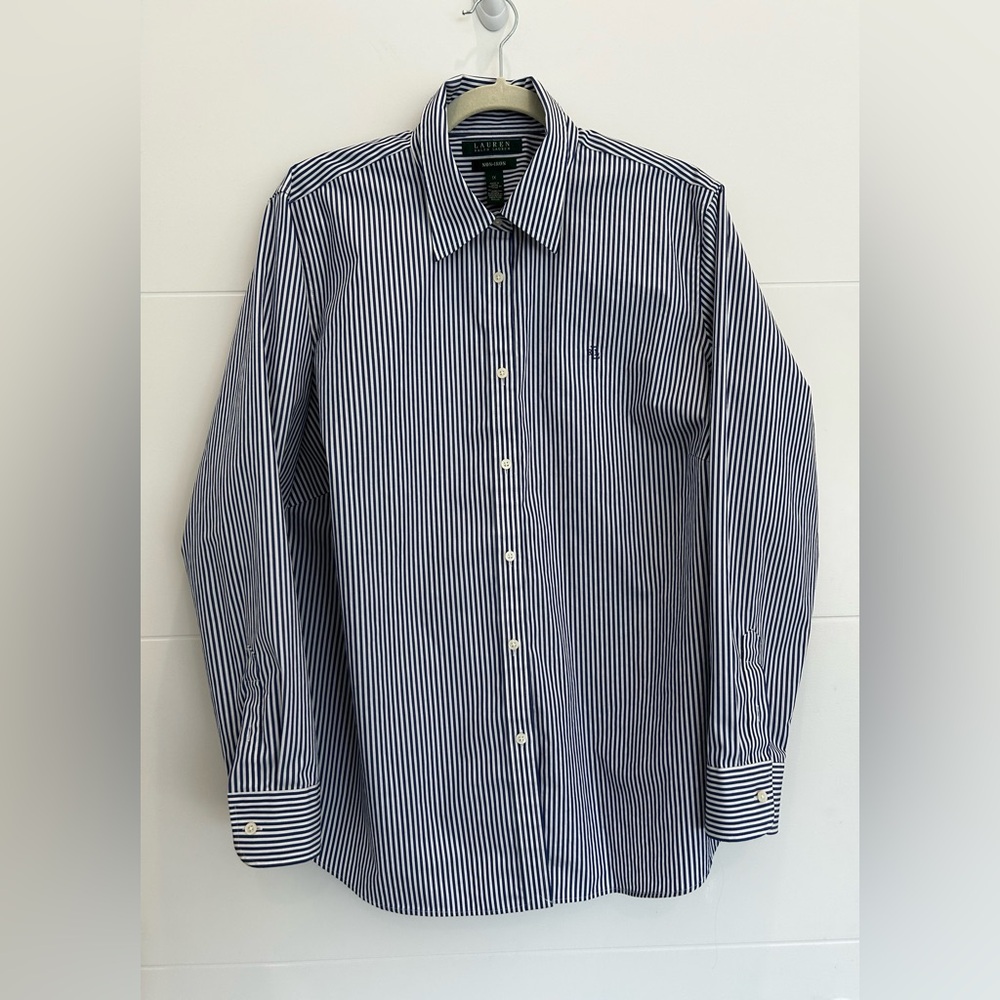 Lauren Ralph Lauren No Iron Navy Blue White Striped Button Up Long Sleeve Size1X